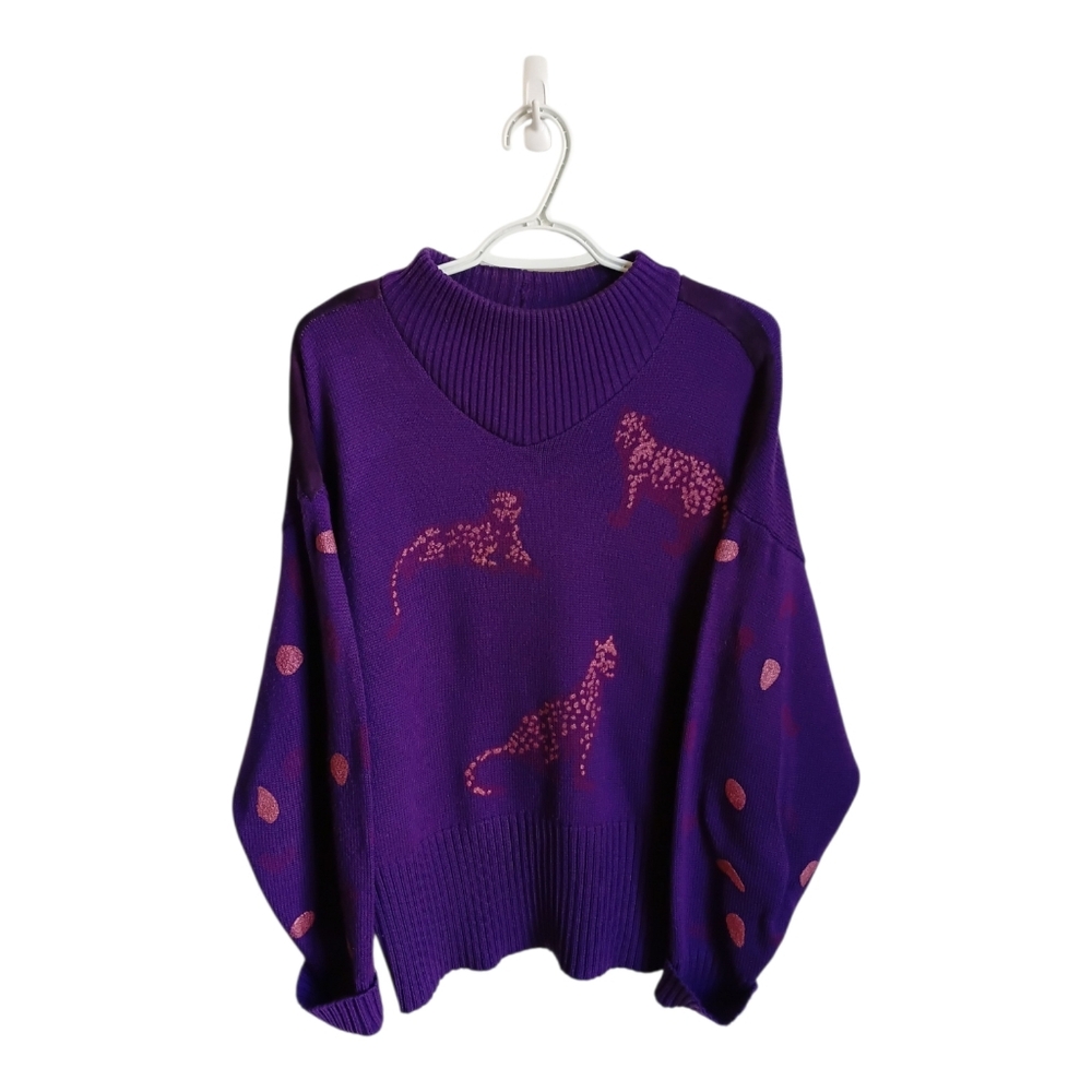 Vintage Hand Painted Purple Leopard Print Women's Sweater Medium Grandmacore